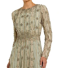 Mac Duggal Embellished Beaded Mesh Long Sleeve Gown