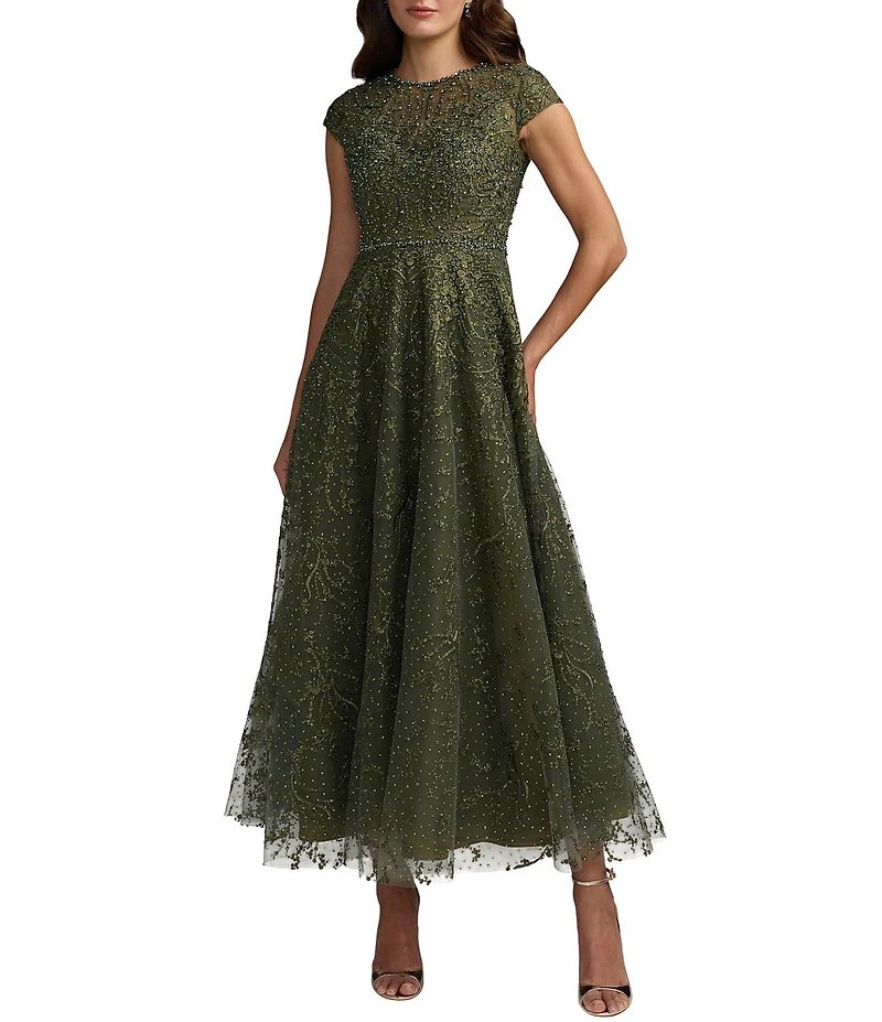 Mac Duggal Embellished Beading Cap Sleeve Embroidered A-Line Gown