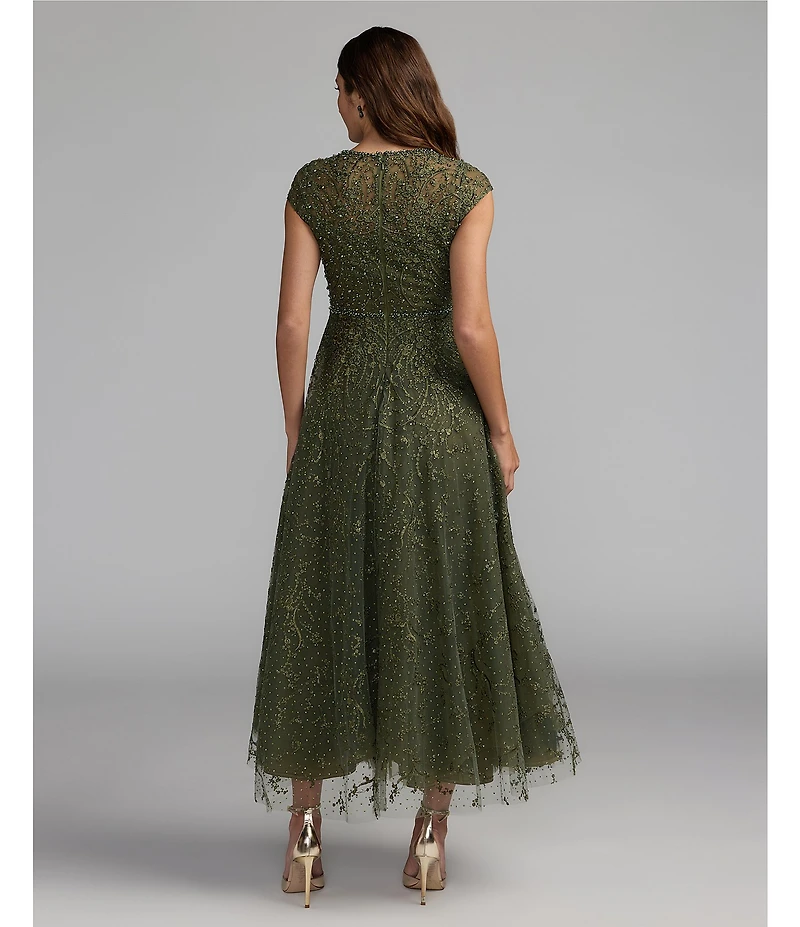 Mac Duggal Embellished Beading Cap Sleeve Embroidered A-Line Gown