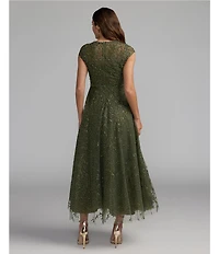 Mac Duggal Embellished Beading Cap Sleeve Embroidered A-Line Gown