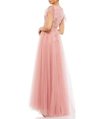 Mac Duggal Embellished Cap Flutter Sleeve V-Neck Ballgown