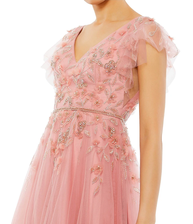 Mac Duggal Embellished Cap Flutter Sleeve V-Neck Ballgown