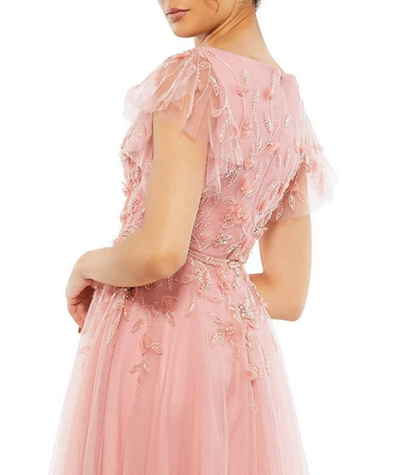 Mac Duggal Embellished Cap Flutter Sleeve V-Neck Ballgown