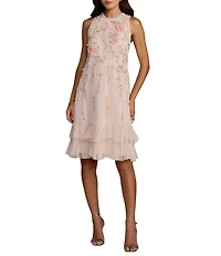 Mac Duggal Embellished Chiffon Crew Neck Sleeveless Ruffle Hem Shift Mini Dress
