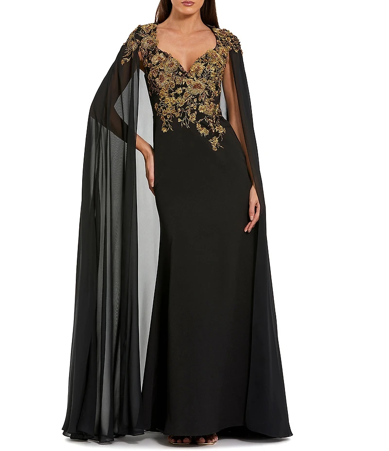 Mac Duggal Embellished Crepe Gown with Chiffon Cape Sleeves
