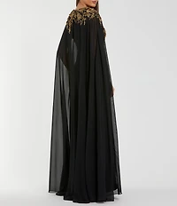 Mac Duggal Embellished Crepe Gown with Chiffon Cape Sleeves