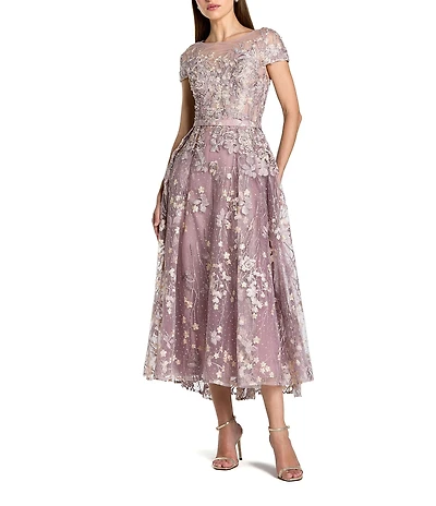Mac Duggal Embellished Embroidered Cap Sleeve Midi Dress