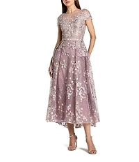 Mac Duggal Embellished Embroidered Cap Sleeve Midi Dress