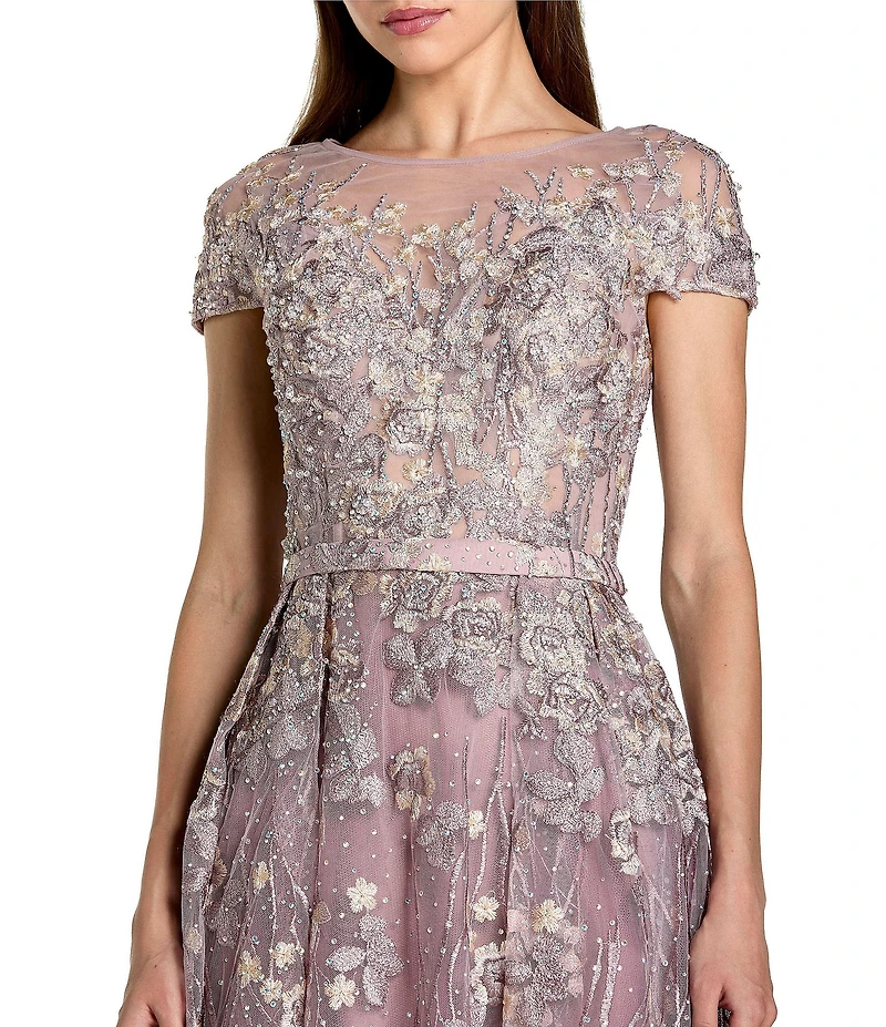 Mac Duggal Embellished Embroidered Cap Sleeve Midi Dress