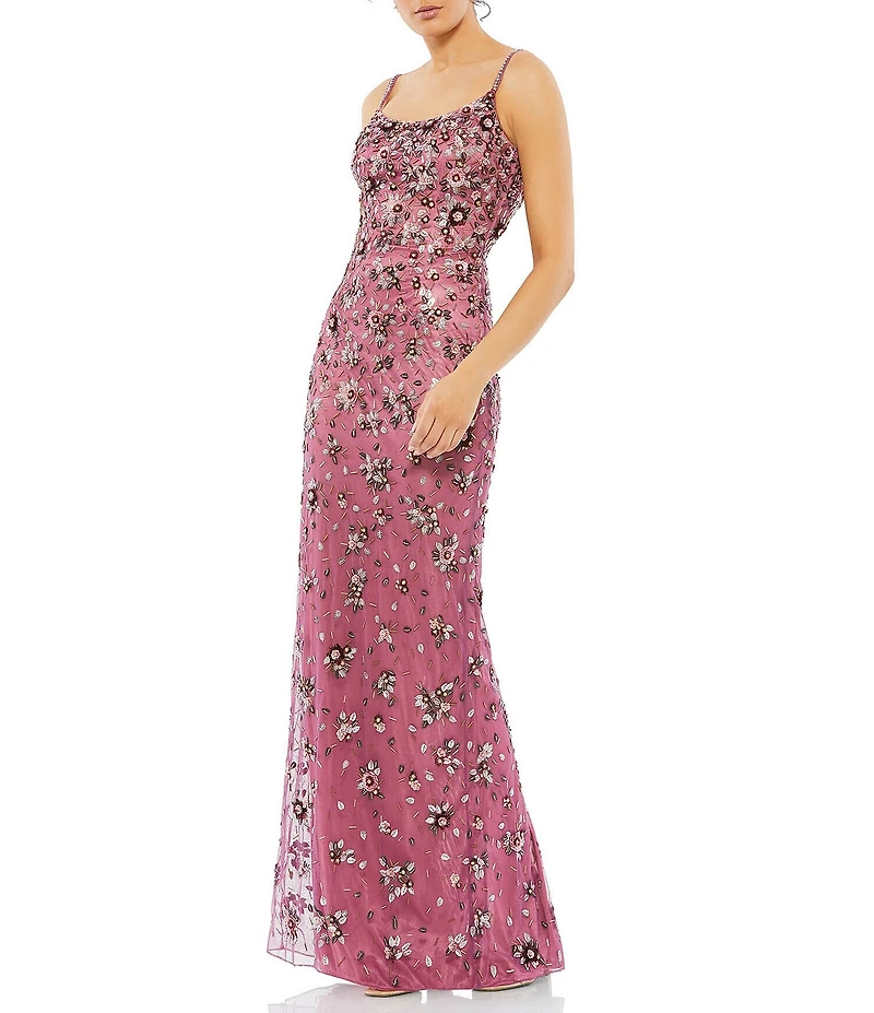 Mac Duggal Embellished Floral Beaded Open Back Detail Scoop Neck Sleeveless Gown