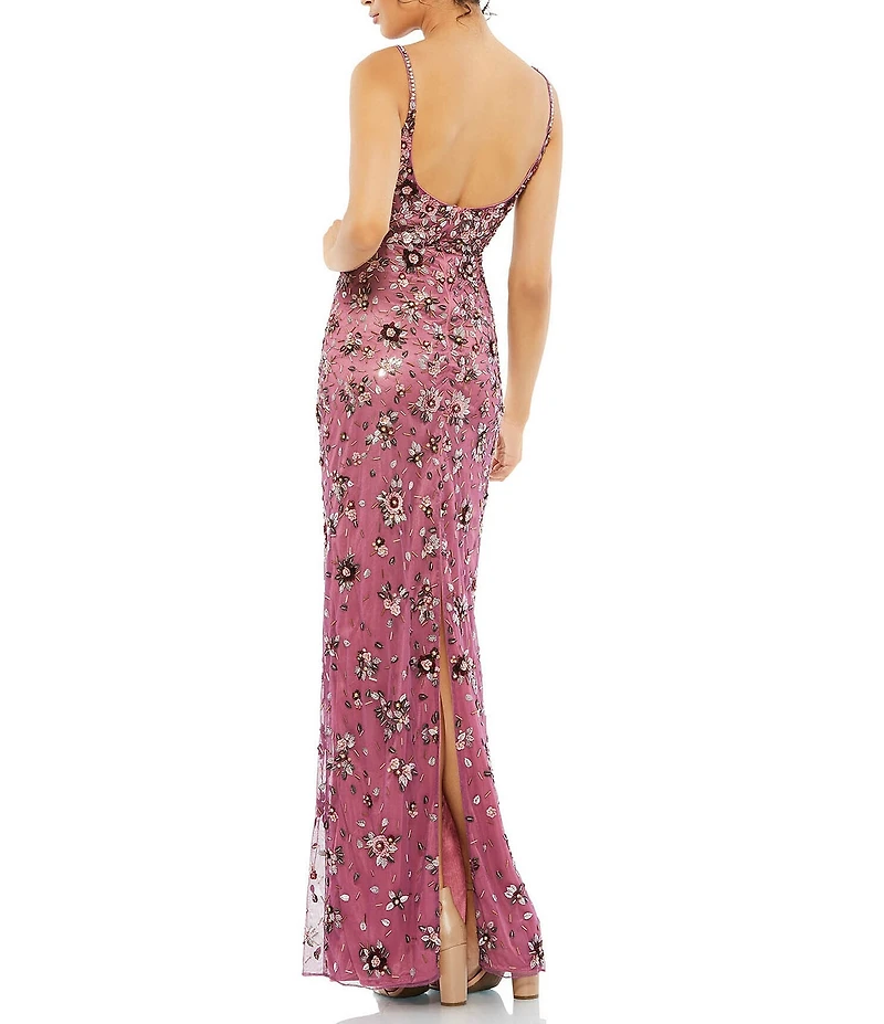 Mac Duggal Embellished Floral Beaded Open Back Detail Scoop Neck Sleeveless Gown
