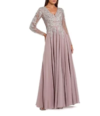 Mac Duggal Embellished Floral Lace V-Neck Illusion Long Sleeve Gown