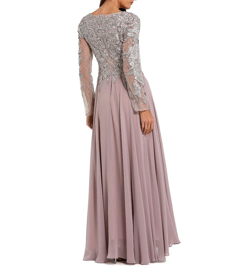 Mac Duggal Embellished Floral Lace V-Neck Illusion Long Sleeve Gown