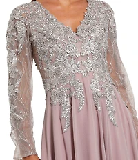 Mac Duggal Embellished Floral Lace V-Neck Illusion Long Sleeve Gown