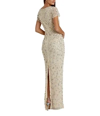 Mac Duggal Embellished Floral Mesh Boat Neck Short Sleeve Blouson Gown