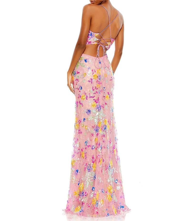 Mac Duggal Embellished Floral Sweetheart Neck Spaghetti Strap Sleeveless Sheath Gown