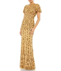 Mac Duggal Embellished High Neck Flutter Sleeve Long Gown