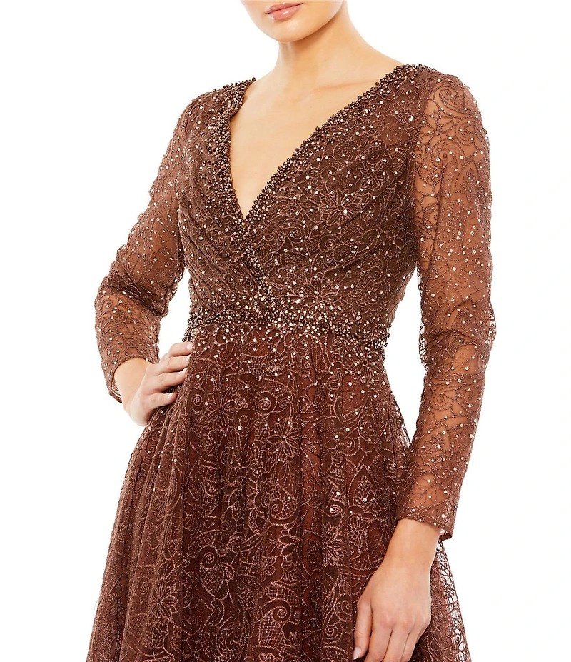 Mac Duggal Embellished Illusion Long Sleeve V-Neck Gown