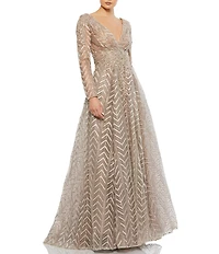 Mac Duggal Embellished Illusion Long Sleeve Wrap Over A Line Gown