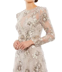 Mac Duggal Embellished Illusion Round Neck Long Sleeve Gown