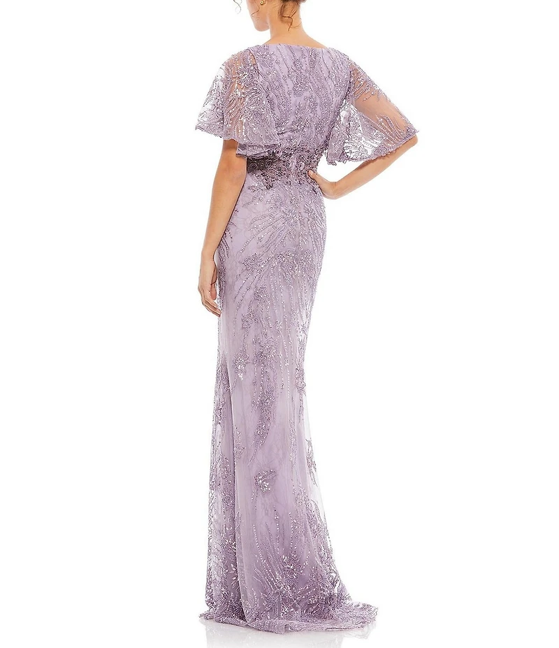Mac Duggal Embellished Illusion V-Neck Sheer Butterfly Short Flutter Sleeve Sheath Gown