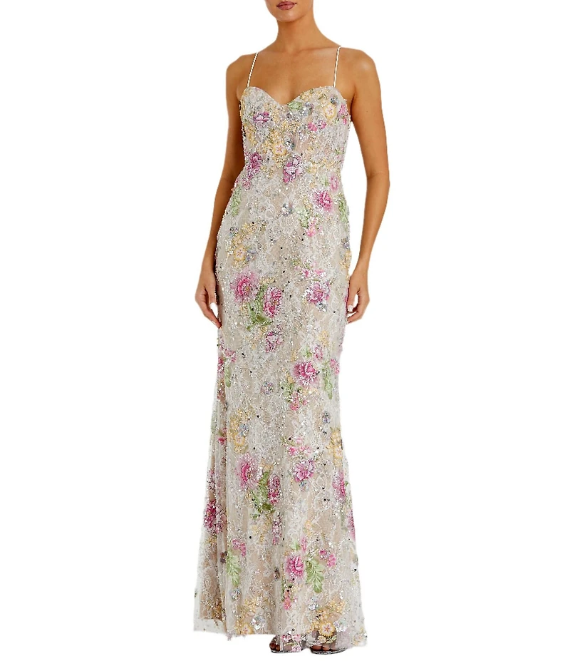 Mac Duggal Embellished Lace Floral Print Sweetheart Neck Sleeveless Gown