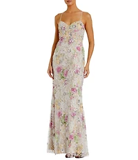 Mac Duggal Embellished Lace Floral Print Sweetheart Neck Sleeveless Gown