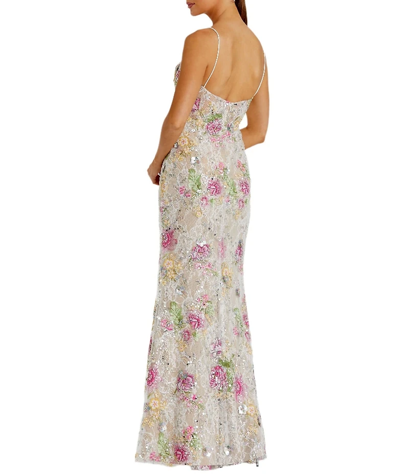 Mac Duggal Embellished Lace Floral Print Sweetheart Neck Sleeveless Gown