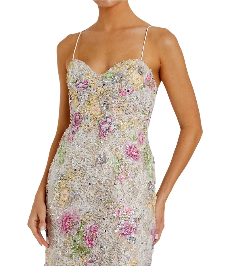 Mac Duggal Embellished Lace Floral Print Sweetheart Neck Sleeveless Gown