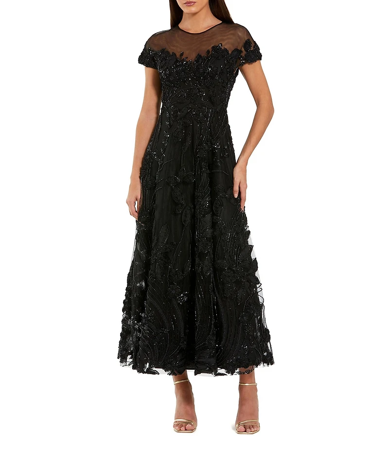 Mac Duggal Embellished Lace Illusion Neck A Line Midi Dress