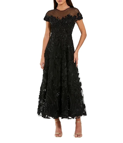 Mac Duggal Embellished Lace Illusion Neck A Line Midi Dress