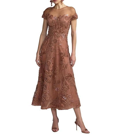 Mac Duggal Embellished Lace Illusion Neck A Line Midi Dress