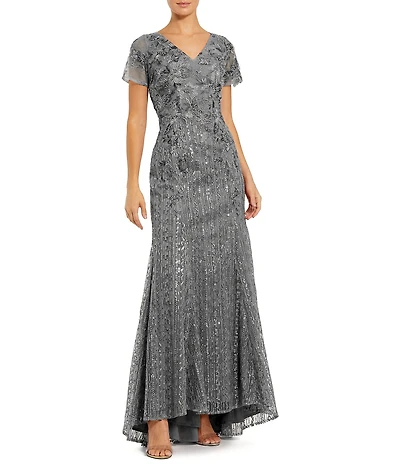 Mac Duggal Embellished Lace V-Neck Cap Sleeve Mermaid Gown