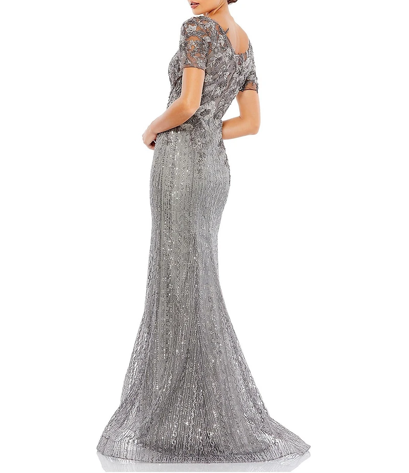 Mac Duggal Embellished Lace V-Neck Cap Sleeve Mermaid Gown