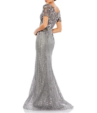 Mac Duggal Embellished Lace V-Neck Cap Sleeve Mermaid Gown