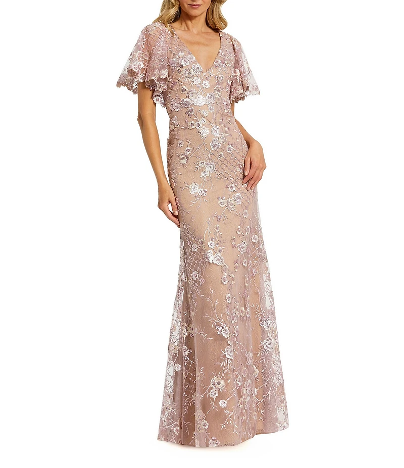 Mac Duggal Embellished Lace V Neck Flutter Sleeve Gown