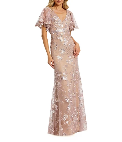 Mac Duggal Embellished Lace V Neck Flutter Sleeve Gown