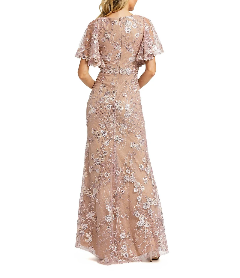 Mac Duggal Embellished Lace V Neck Flutter Sleeve Gown