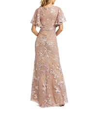 Mac Duggal Embellished Lace V Neck Flutter Sleeve Gown
