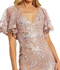 Mac Duggal Embellished Lace V Neck Flutter Sleeve Gown