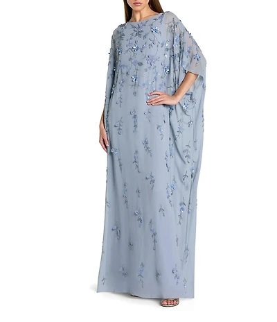Mac Duggal Embellished Mesh Boat Neck Long Sleeve 3D Flower Caftan Gown