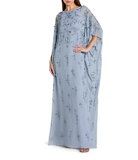 Mac Duggal Embellished Mesh Boat Neck Long Sleeve 3D Flower Caftan Gown