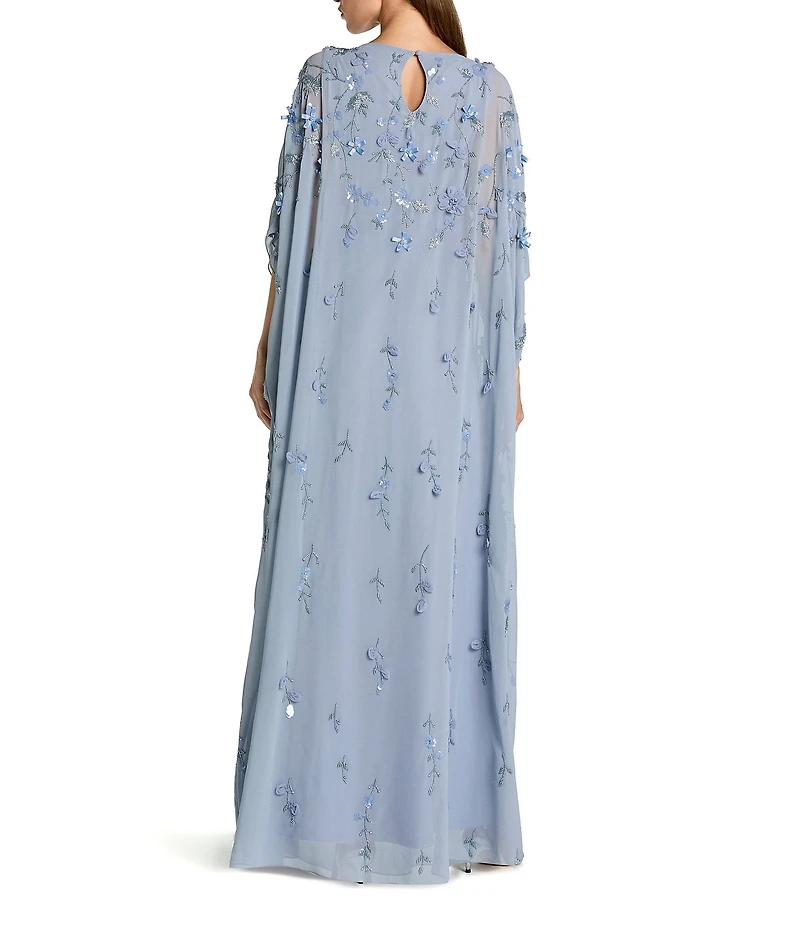 Mac Duggal Embellished Mesh Boat Neck Long Sleeve 3D Flower Caftan Gown