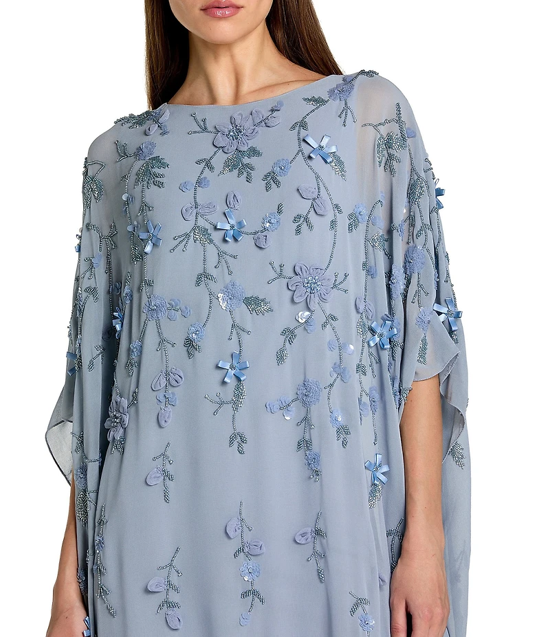 Mac Duggal Embellished Mesh Boat Neck Long Sleeve 3D Flower Caftan Gown