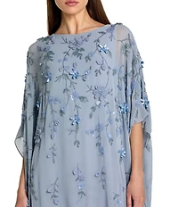 Mac Duggal Embellished Mesh Boat Neck Long Sleeve 3D Flower Caftan Gown