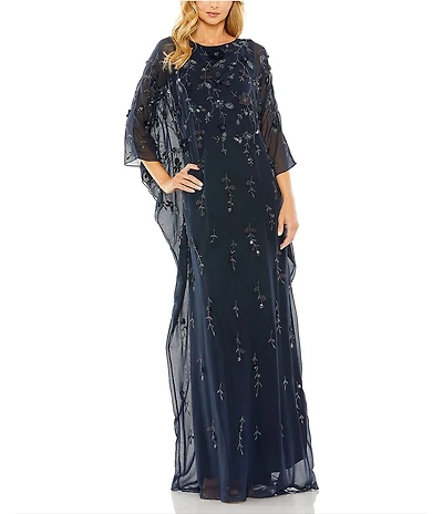 Mac Duggal Embellished Mesh Boat Neck Long Sleeve 3D Flower Caftan Gown