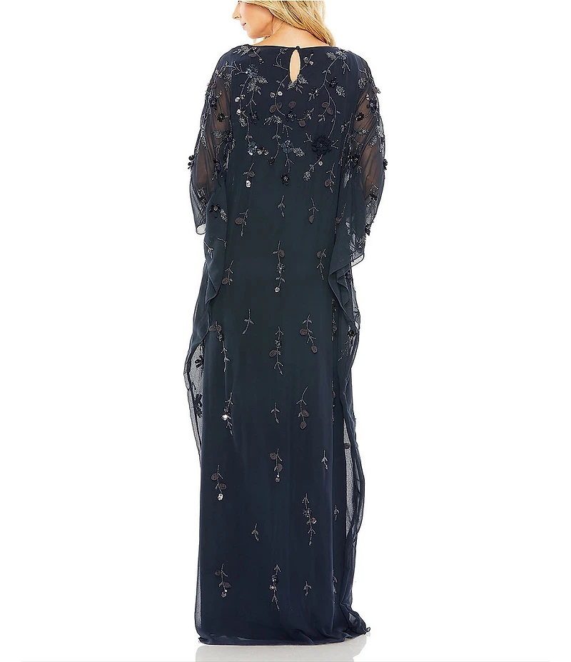 Mac Duggal Embellished Mesh Boat Neck Long Sleeve 3D Flower Caftan Gown