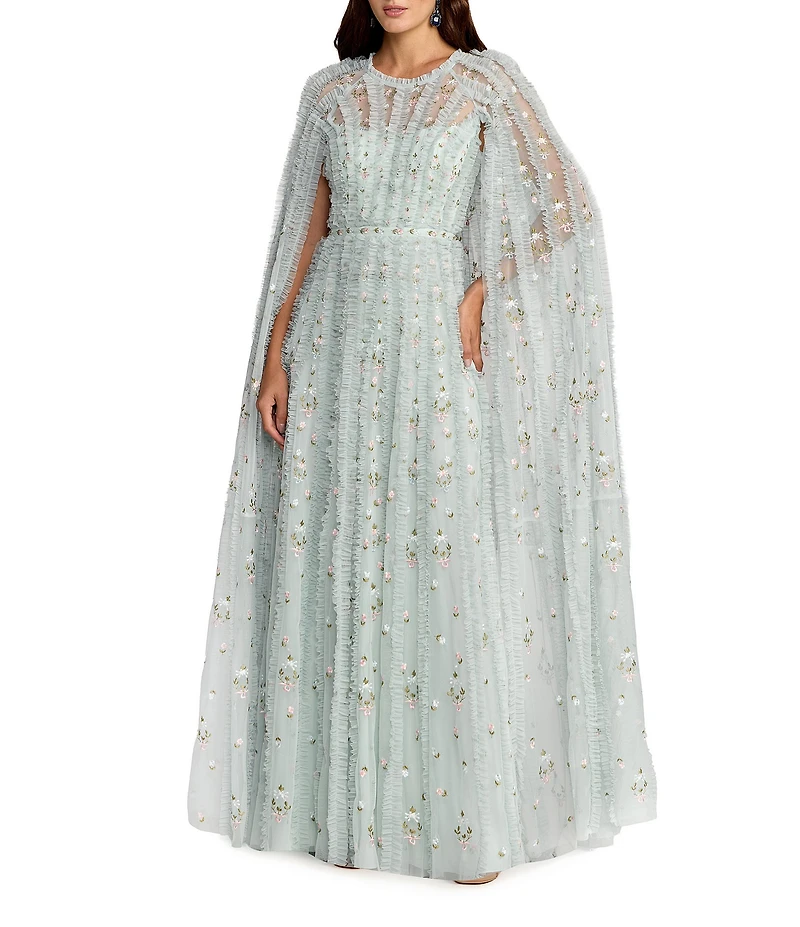 Mac Duggal Embellished Mesh Cape Sleeve Gown