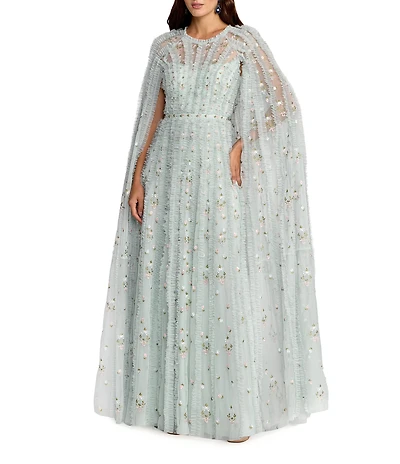 Mac Duggal Embellished Mesh Cape Sleeve Gown