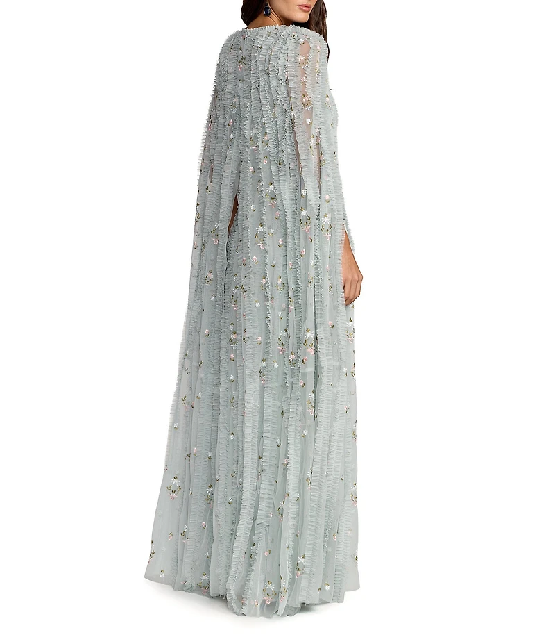 Mac Duggal Embellished Mesh Cape Sleeve Gown